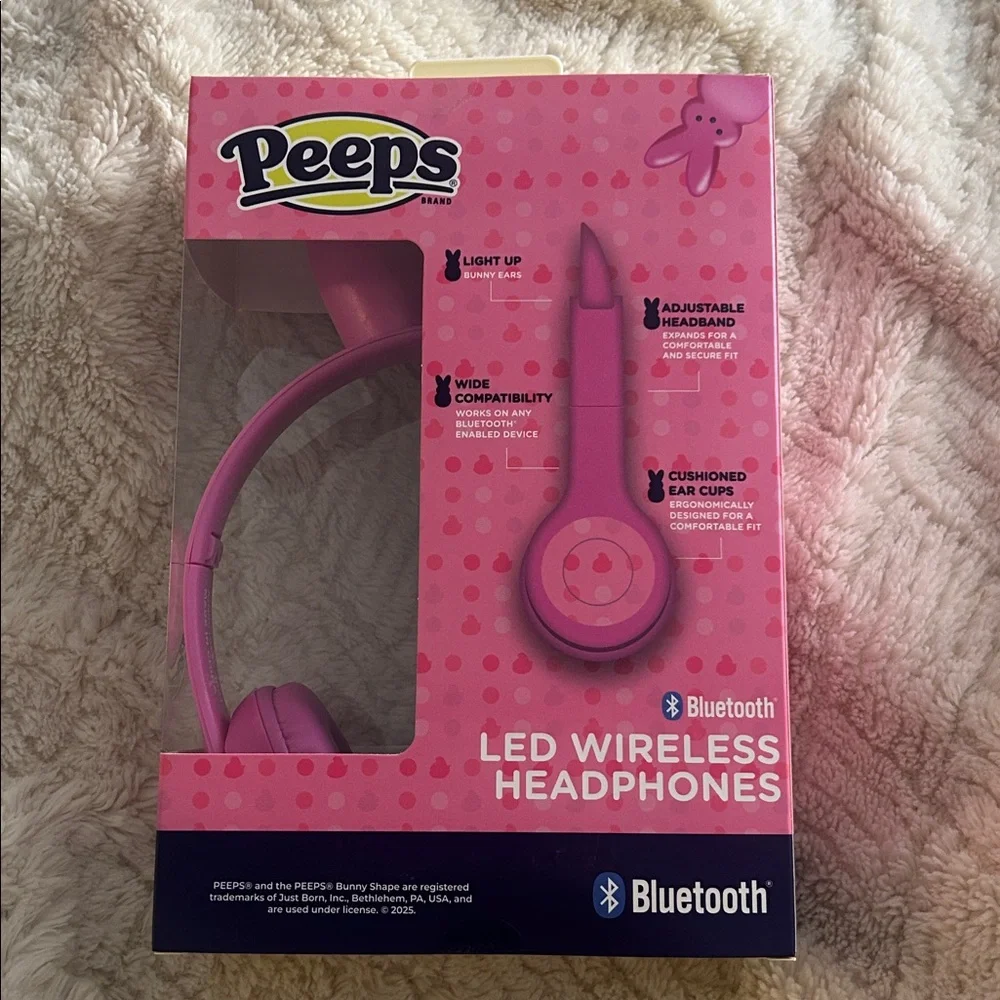 Pink Bluetooth Over-Ear Headset LED Wireless with Bunny Ears Design Peeps